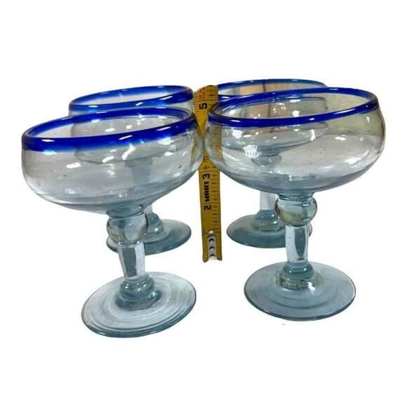 Set Of 4 Cobalt Blue Vintage Rimmed Margarita Glasses Recylced Glass Wide Base - Picture 4 of 5